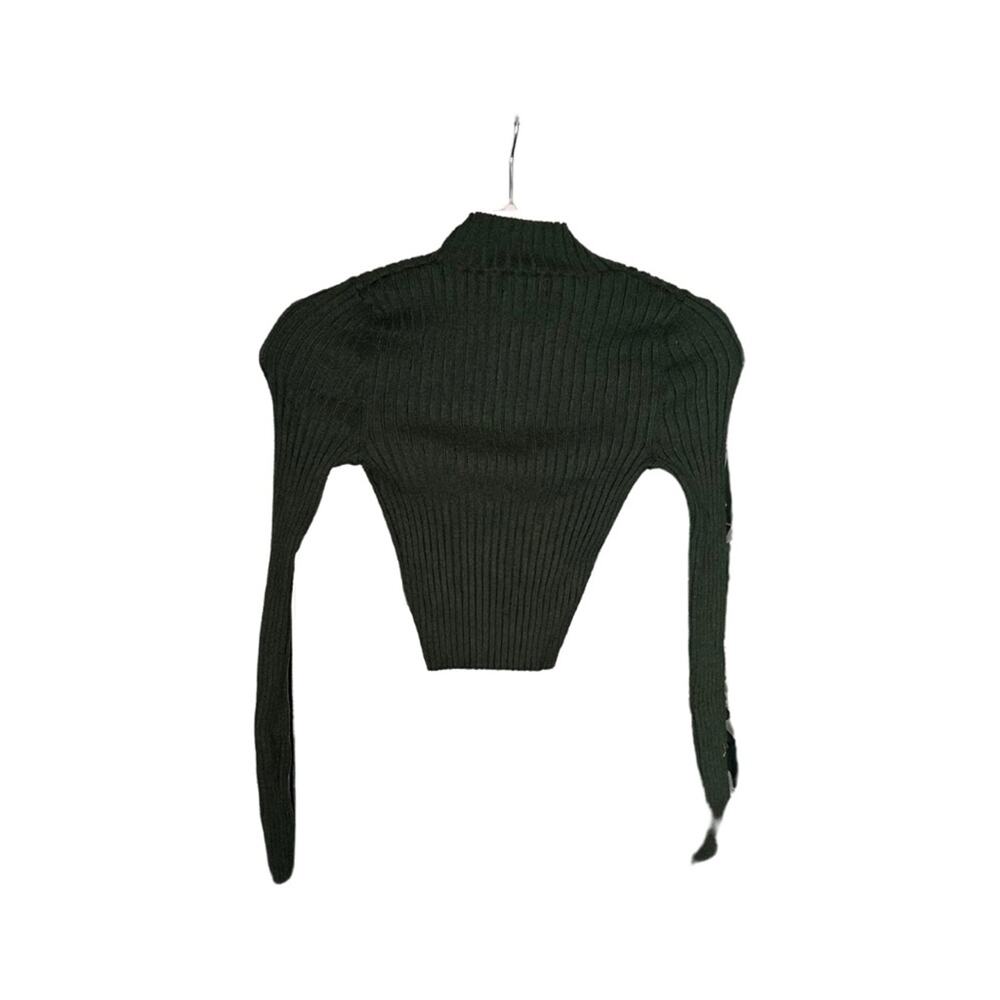 Dark Green Turtle Neck Crop Top Ribbed Stretch Long Sleeve FFF24